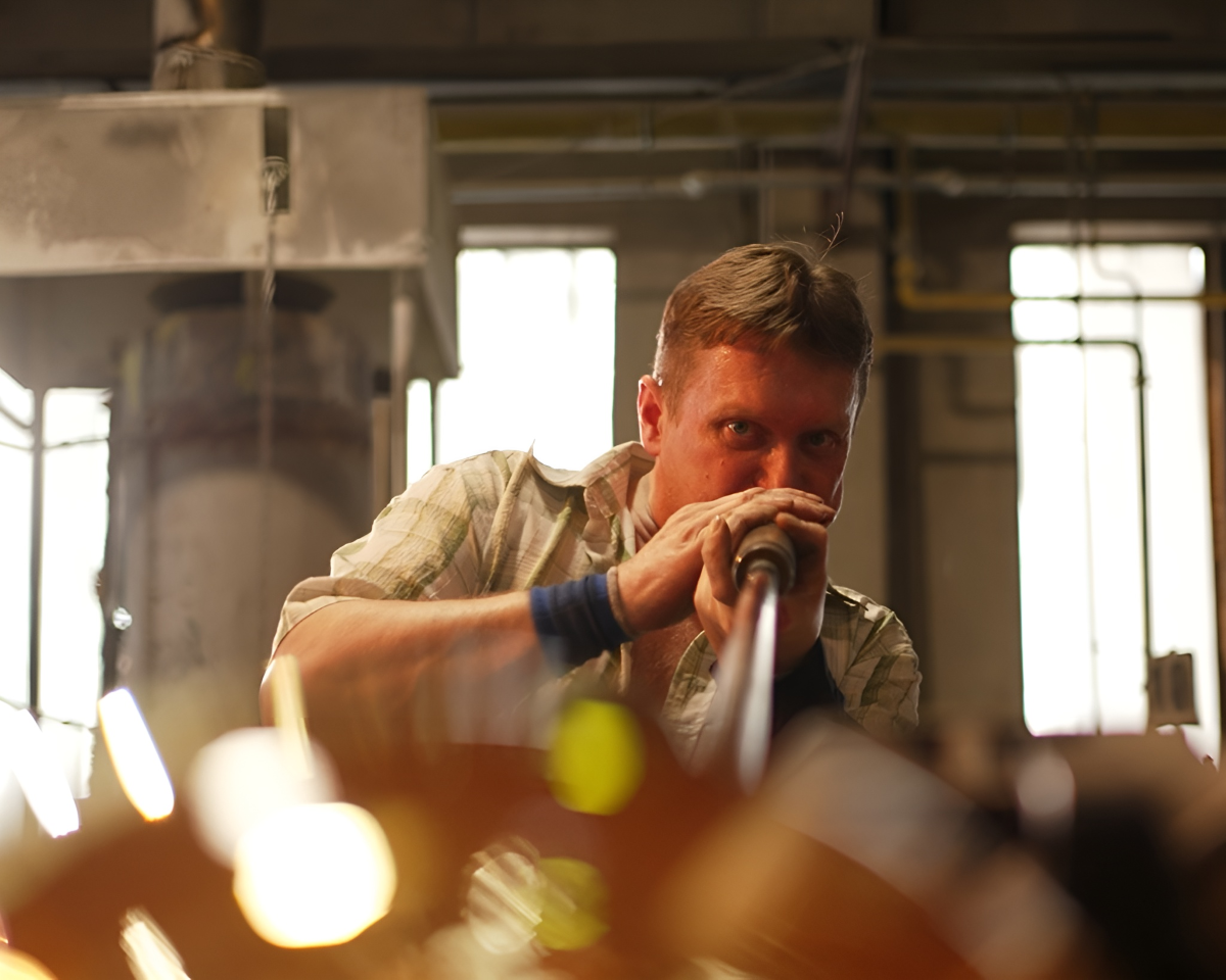A man intently blows through a metal pipe in a warm, Brokis glassworks with pipes, machinery, and blurred foreground.