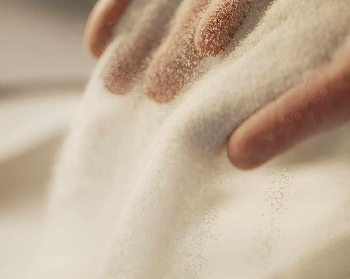 A close-up of two hands sifting fine sand, soft light highlighting airy textures and floating particles in an elegant scene.