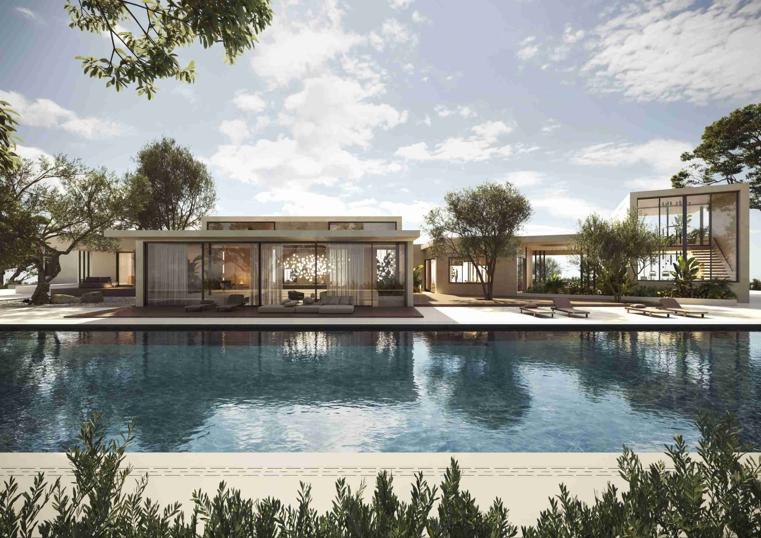 Sleek modern villa with expansive windows, flat roof, and a chic open-plan patio with loungers by a shimmering pool.