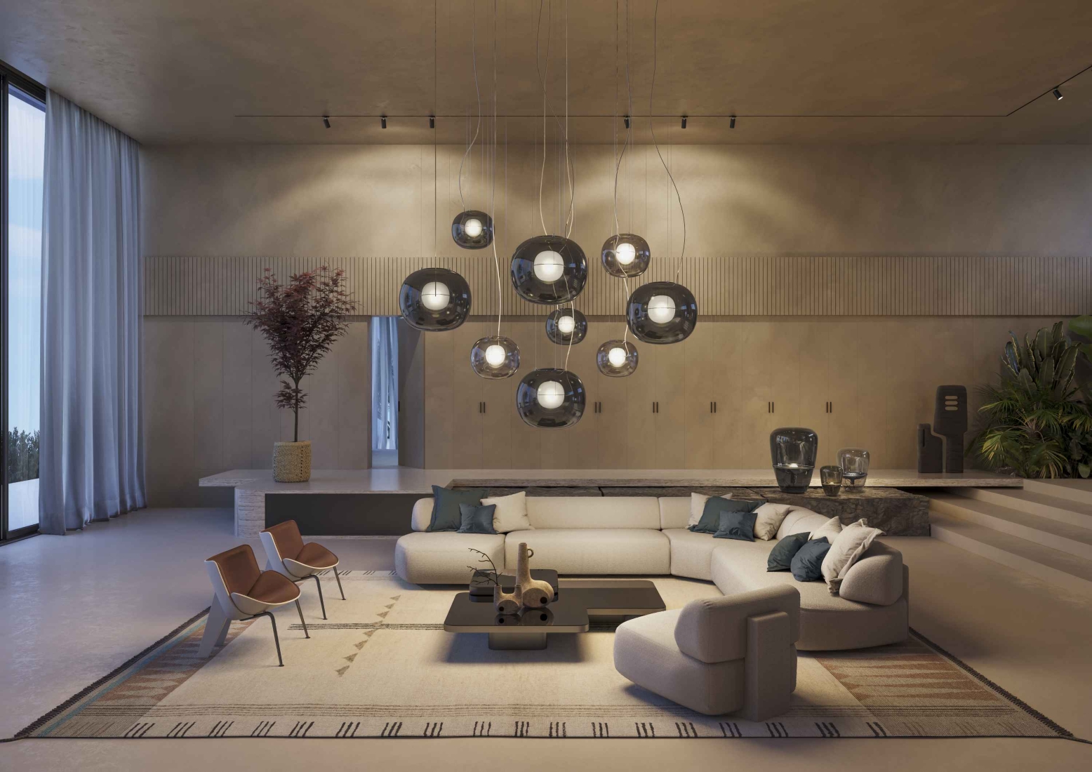 Sophisticated living room with plush white sofa, designer seating, Brokis Big One pendants, and luxurious accents.