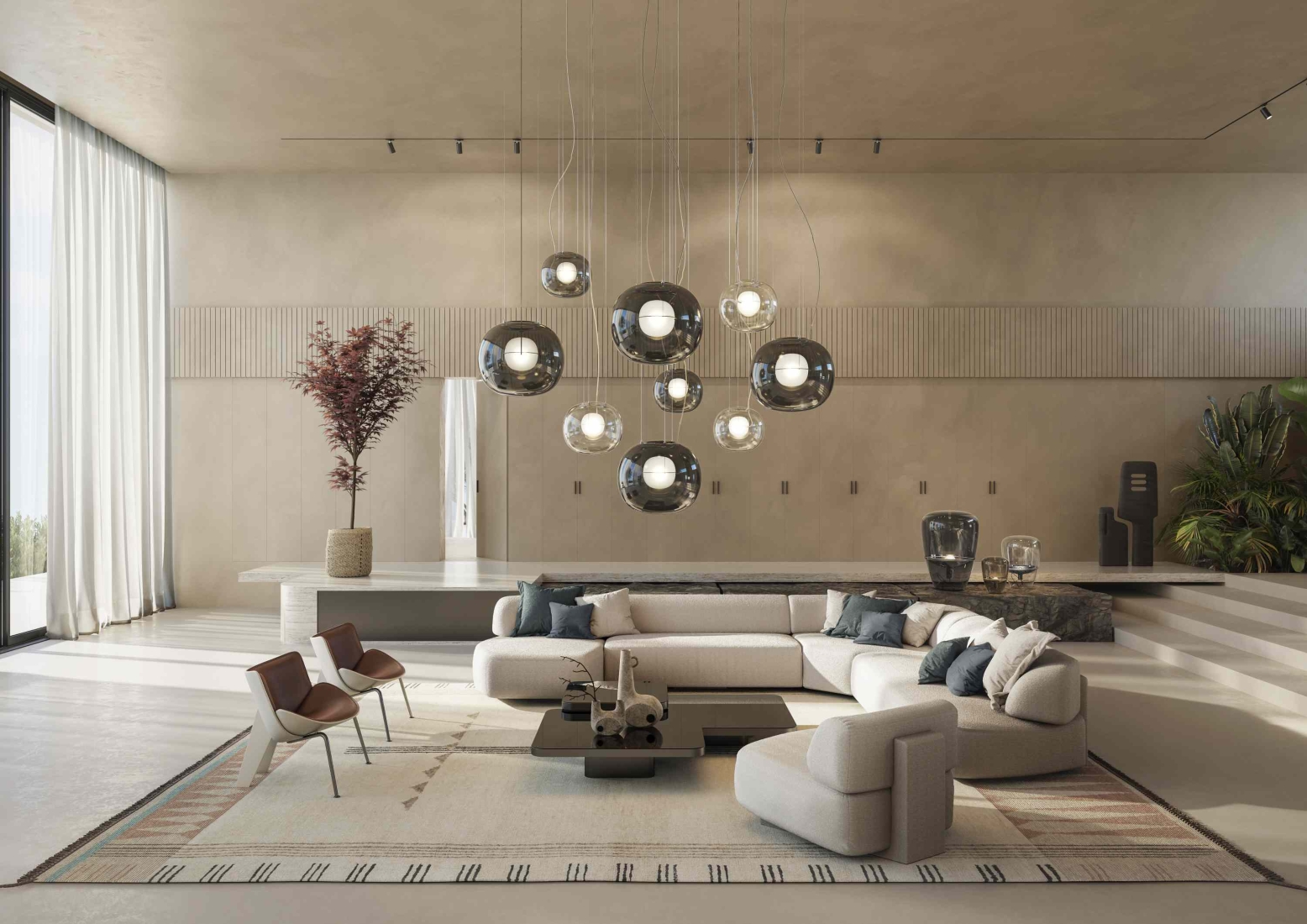 Sophisticated living room in neutral tones with Brokis Big One pendants, plush corner sofa, floor-to-ceiling windows, and artful decor.