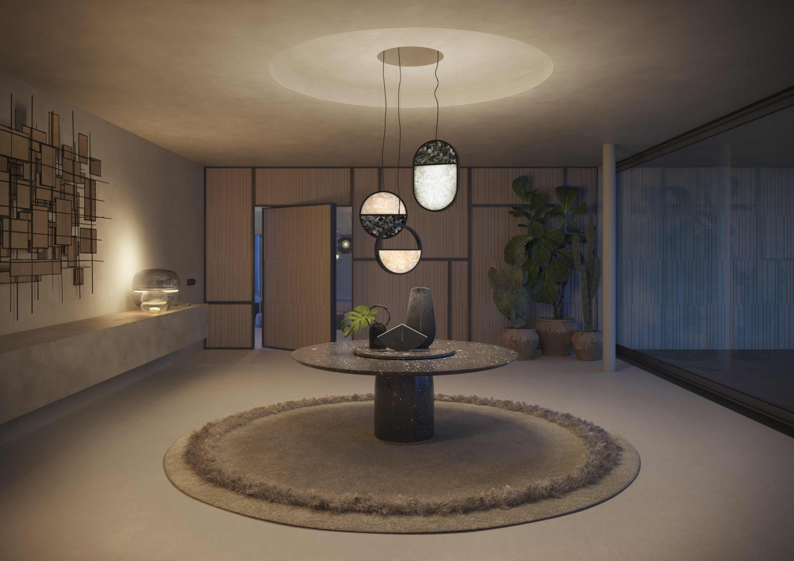 A modern, minimalist room with a stone table on a circular rug, Brokis Geometric Pendants, and curated artistic accents.