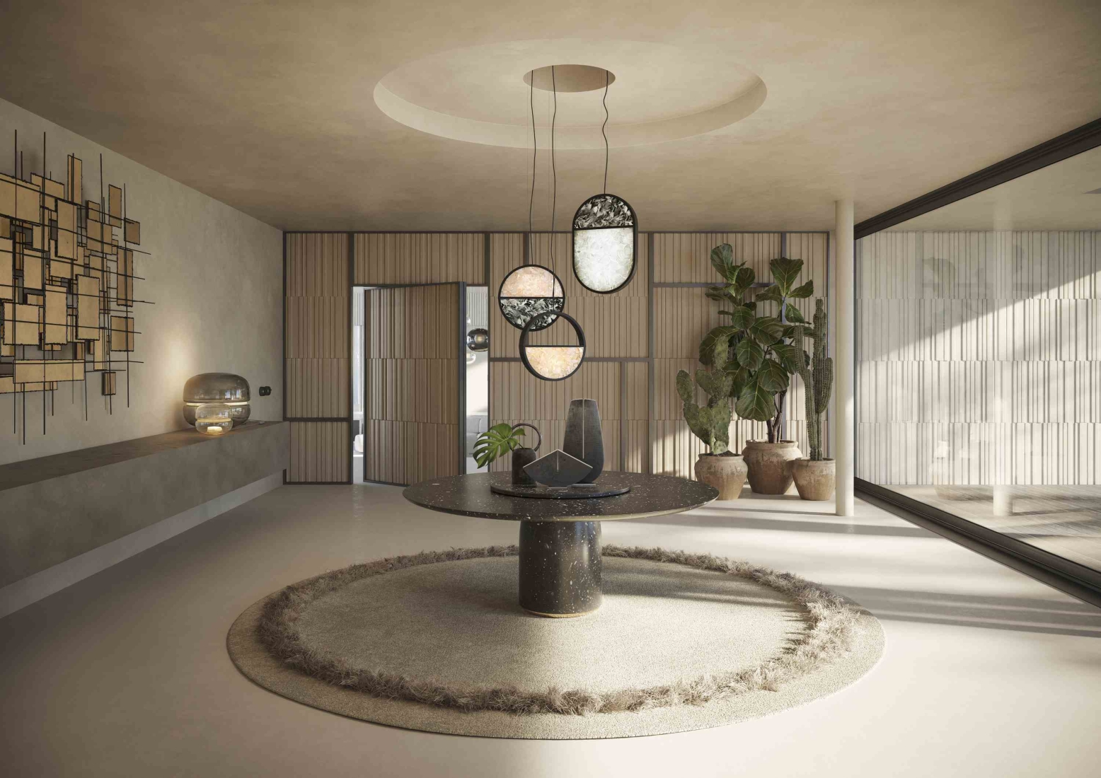 A minimalist room in neutral tones with a round table, Brokis Geometric pendants, large plants, and sheer windows.