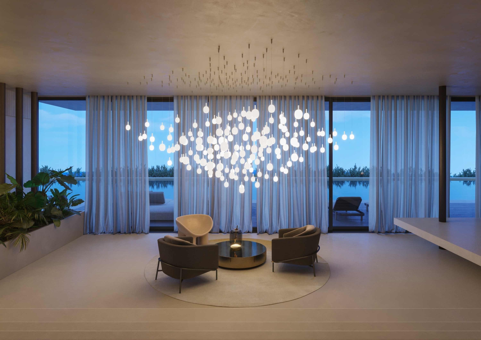 A modern, airy living room with Brokis Ivy Single pendants above elegant seating, framed by floor-to-ceiling windows.