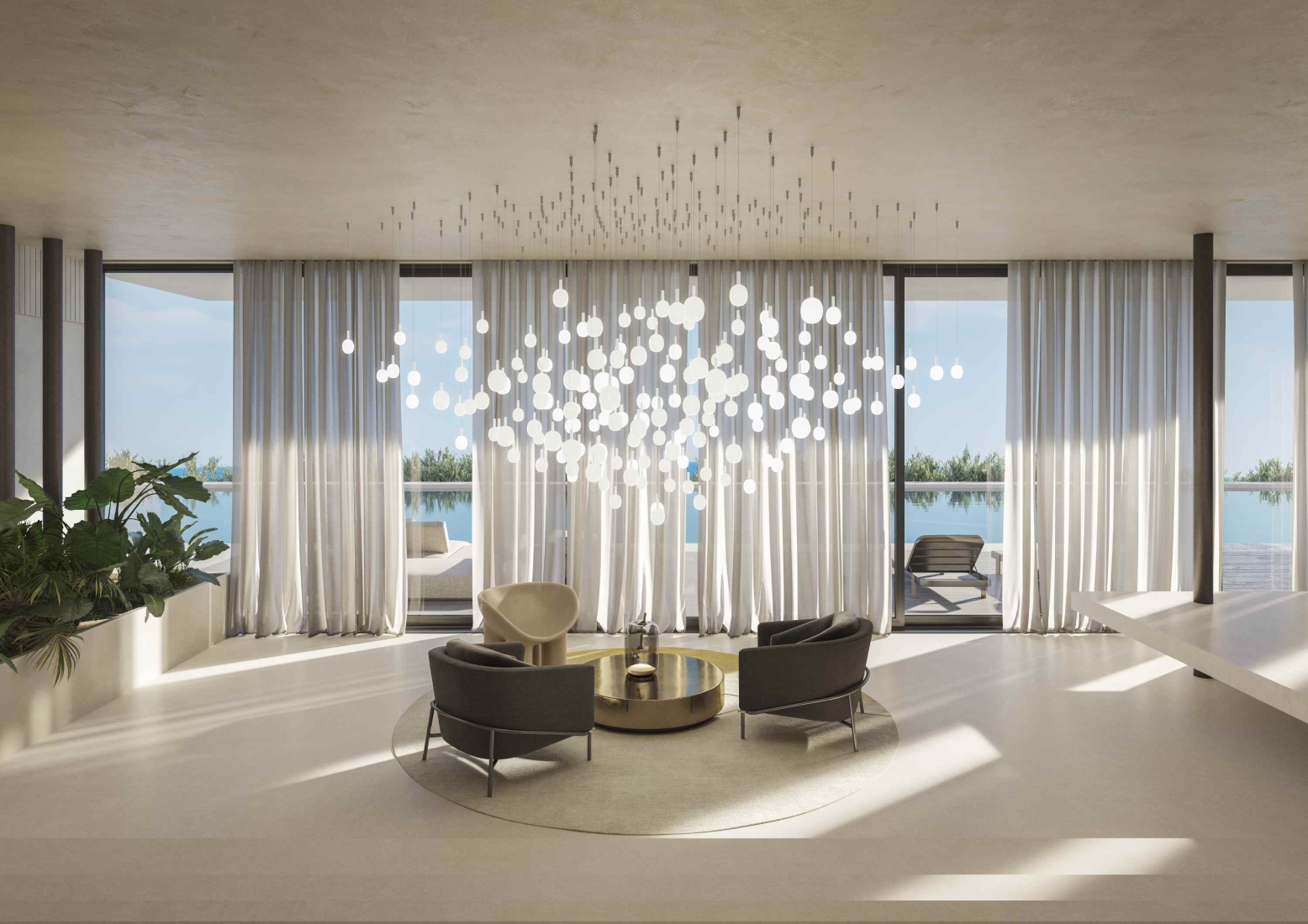 A modern, airy living room with floor-to-ceiling windows, sheer curtains, and Brokis Ivy Single pendants over the seating.