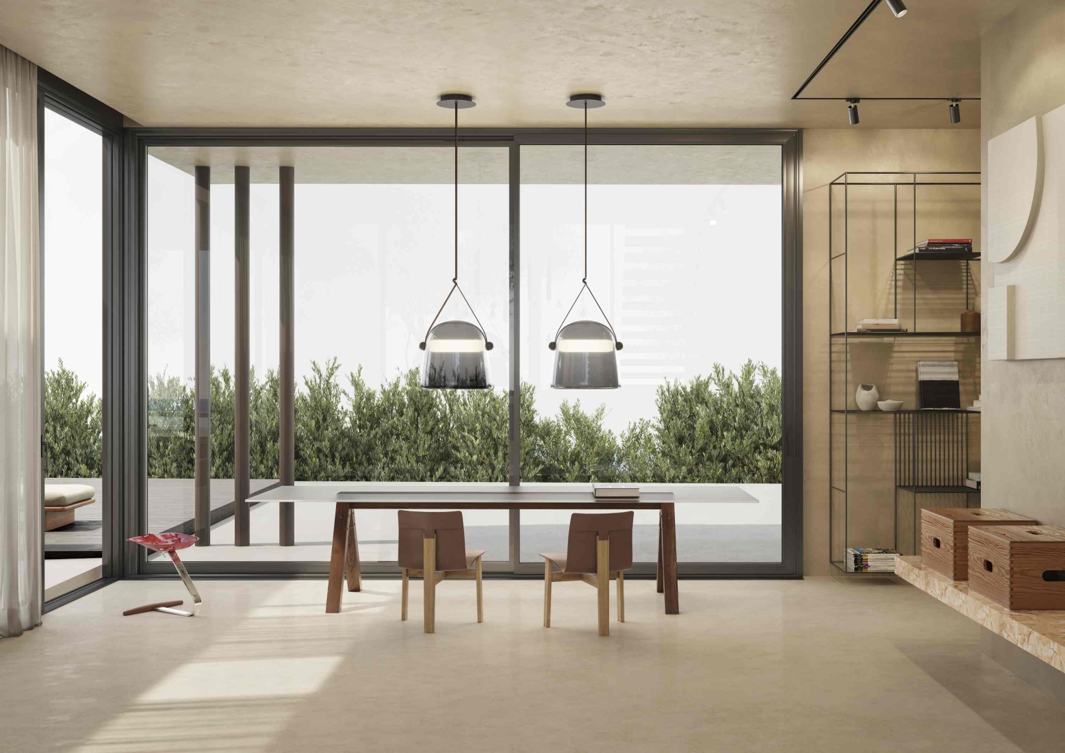 Elegant minimalist space with floor-to-ceiling windows, Brokis Mona pendants, sleek wooden chairs, and refined neutral decor.