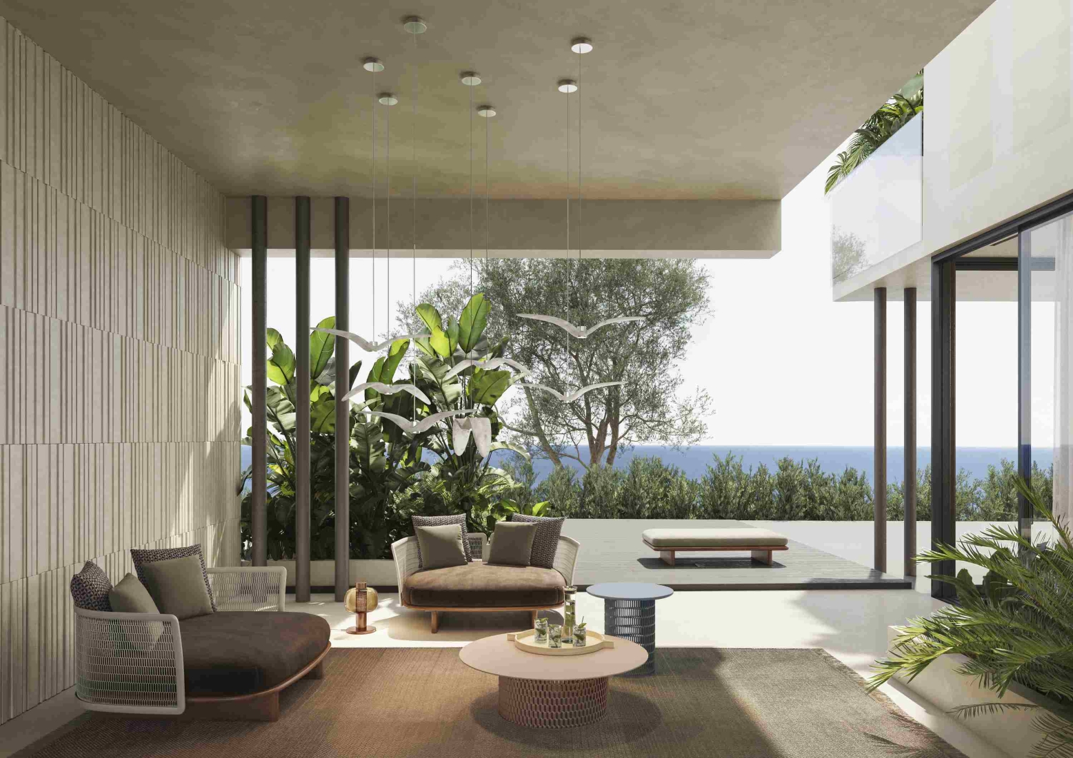 Sleek open living space with floor-to-ceiling windows, Brokis Night Birds Exterior pendants, luxe seating, and sea views.