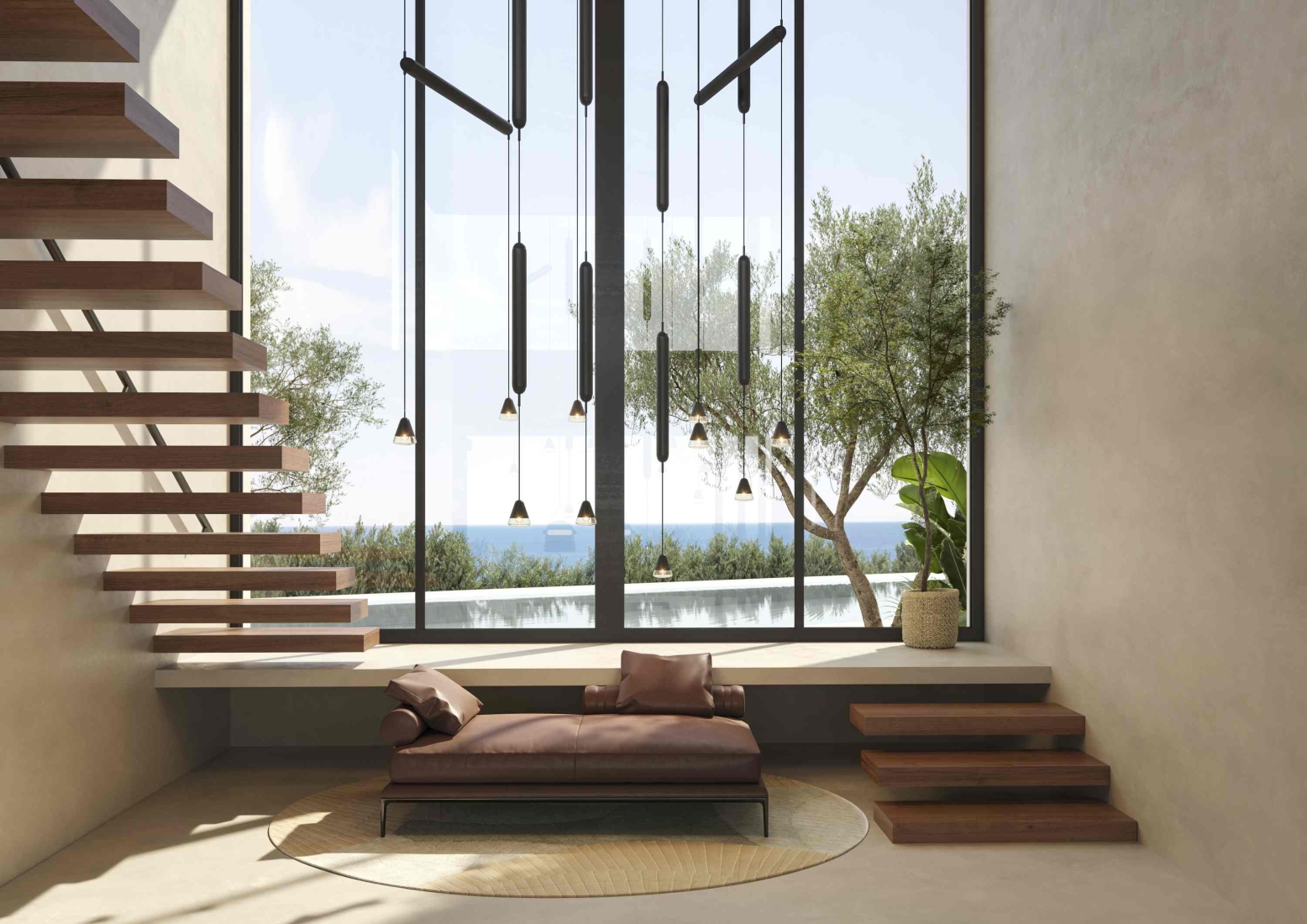 Minimalist living space with a floating timber stair, floor-to-ceiling windows, Brokis Puro pendants, and a leather chaise longue.