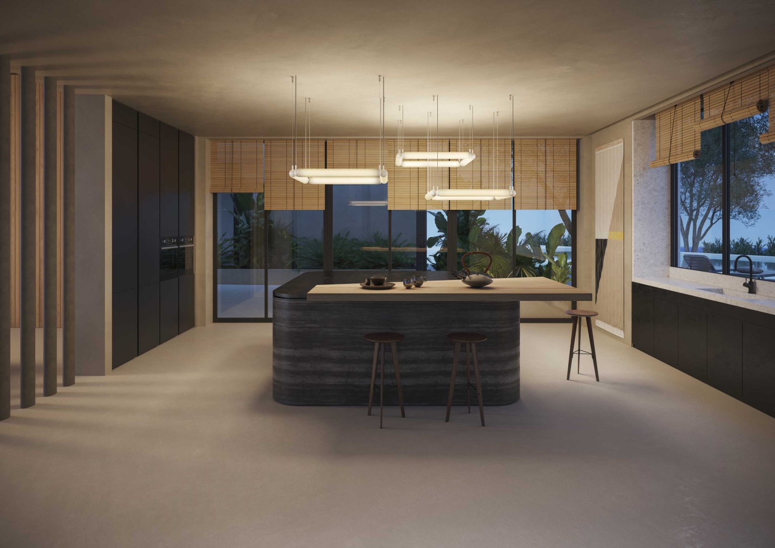 Modern kitchen with a central island, Brokis Puro Contour Square, and sunlight from tall windows overlooking greenery.