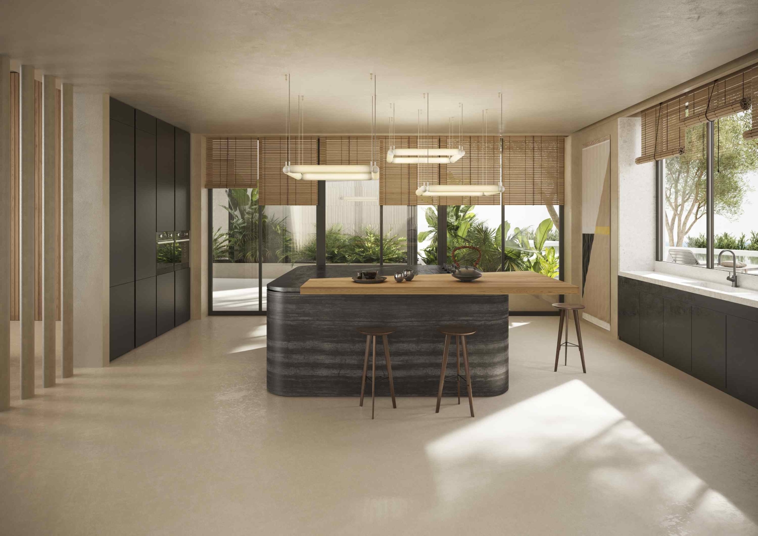Elegant kitchen with a black island, wooden worktop, Brokis Puro Contour Square, bamboo-shaded windows, luxurious finishes.