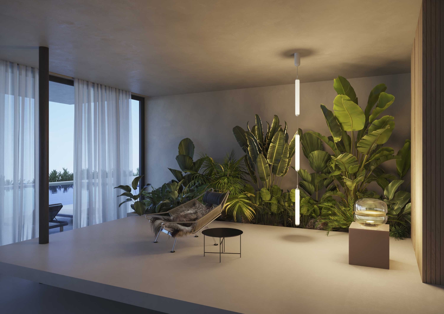 A modern, minimal room with a lounge chair, black table, glass bowl on plinth, lush plants, and Brokis Puro Single pendant.