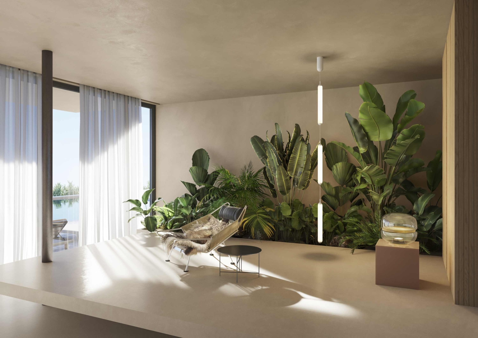 A sunlit lounge with a plush chair, round table, Brokis Puro Single pendant, and tropical greenery behind sheer curtains.