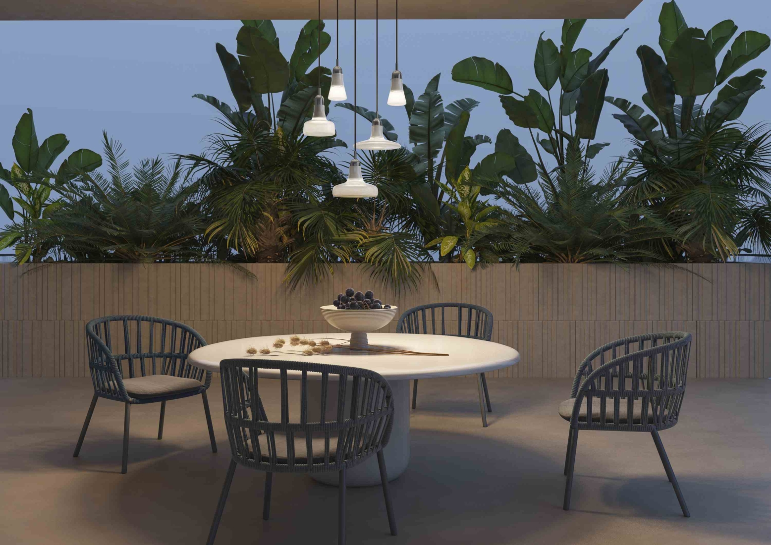 A modern outdoor dining area at dusk with a round white table, black chairs, and Brokis Shadows pendants glowing above.