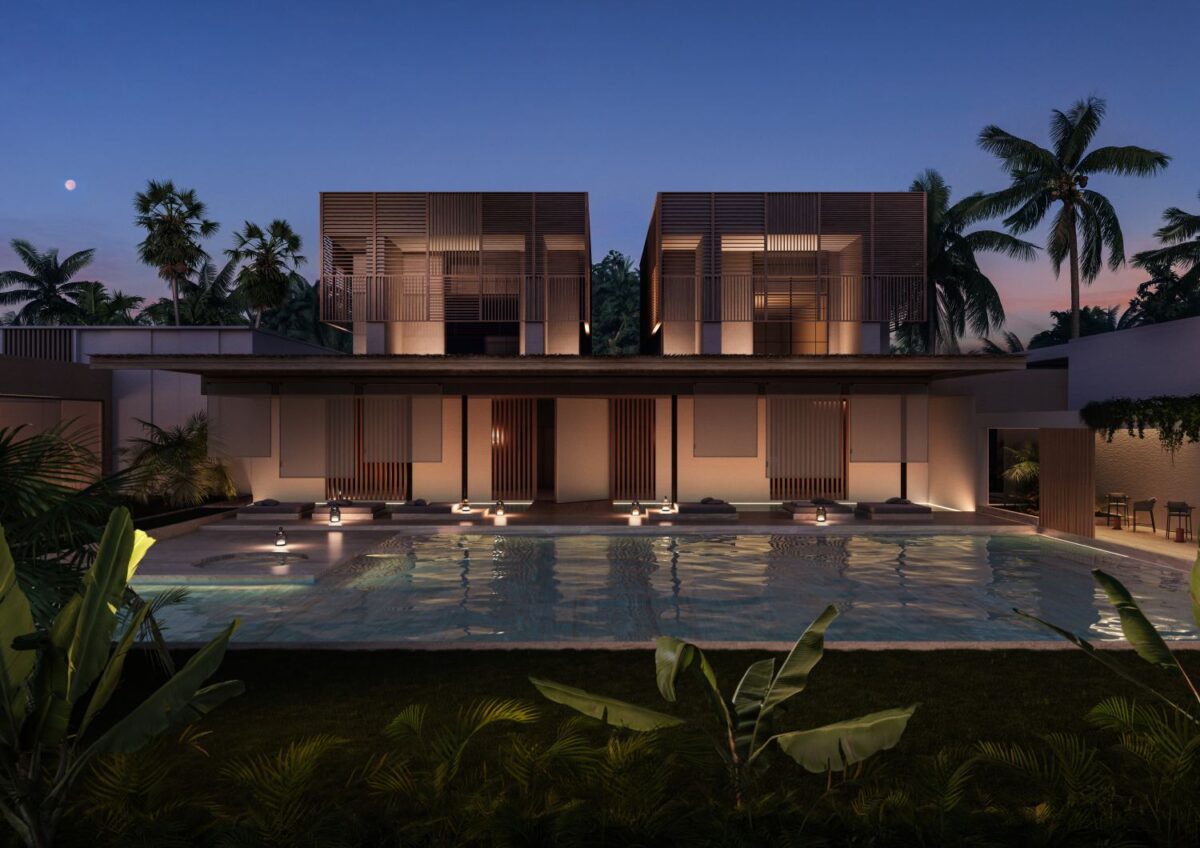 A modern two-storey villa with wood accents, Brokis lighting, vast windows, pool, and palms beneath a moonlit sky.