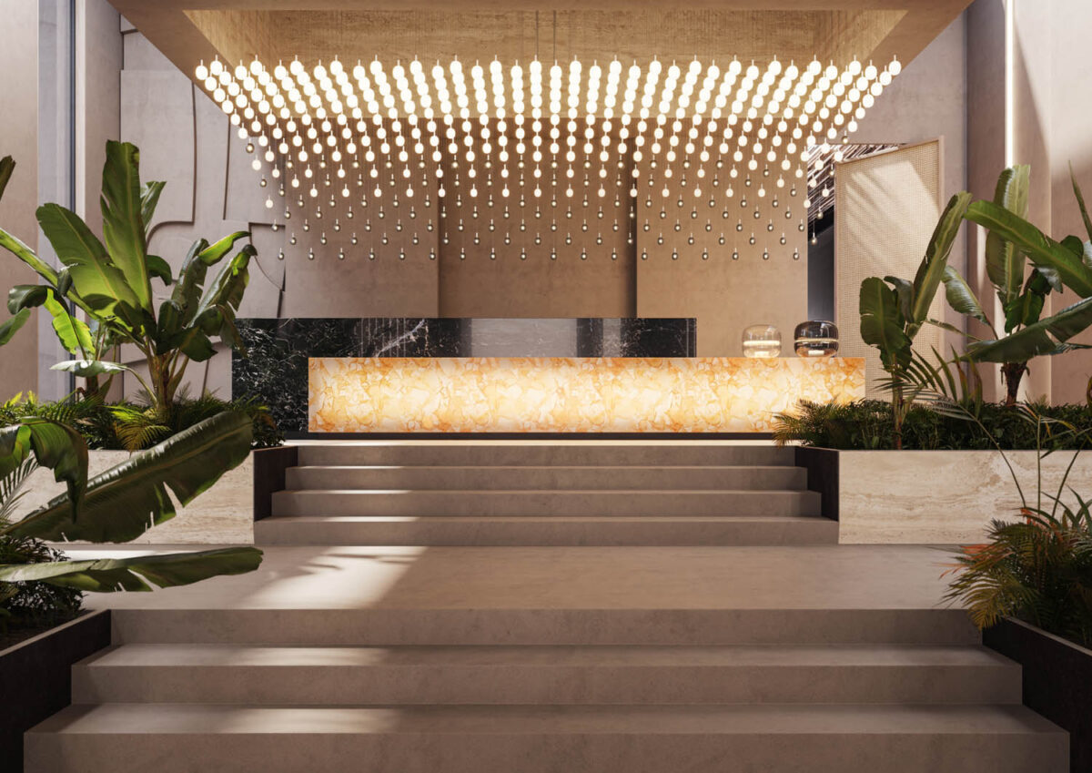 A modern hotel lobby with a glowing marble reception desk, lush green planters, and Brokis Ivy Single pendants overhead.
