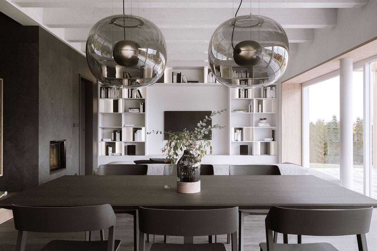 A modern dining room with a dark wood table, six black chairs, and Brokis Big One pendants exudes luxurious elegance.