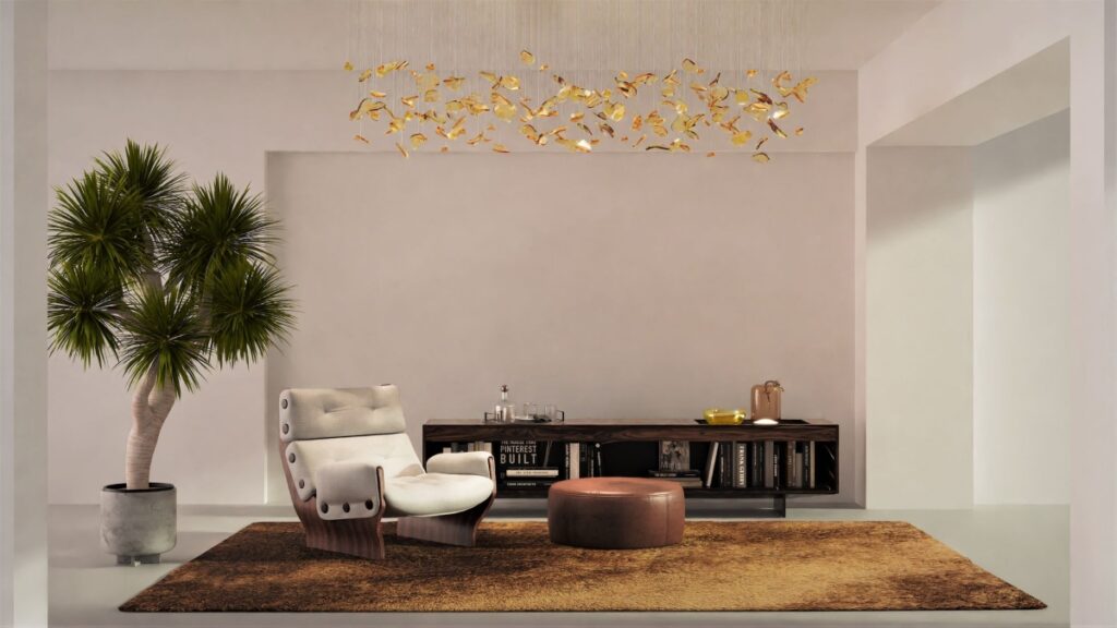 Modern living room with lounge chair, ottoman, tall potted plant, BROKISGLASS Bloom Rectangular Narrow chandelier.