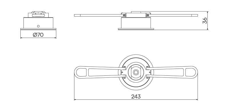 Technical drawing of a Brokis trimless device: for ceiling thickness of 22-33mm