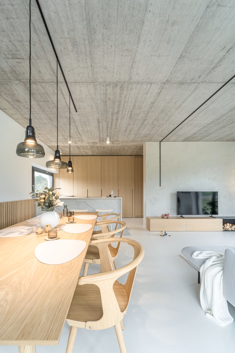 A modern, minimalist dining and living area with light wood furniture, pendant lights, a sleek TV on a low console, and a concrete ceiling. The space is bright with neutral tones and an open, airy layout.
