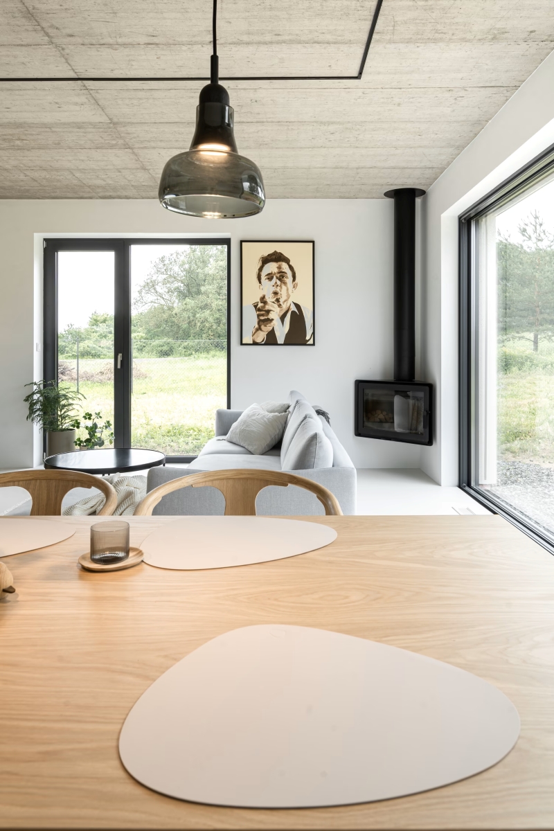 A modern, minimalist living and dining area with light wood furniture, large windows, a wall-mounted fireplace, and a framed black-and-white portrait on the wall. Greenery is visible outside through the windows.