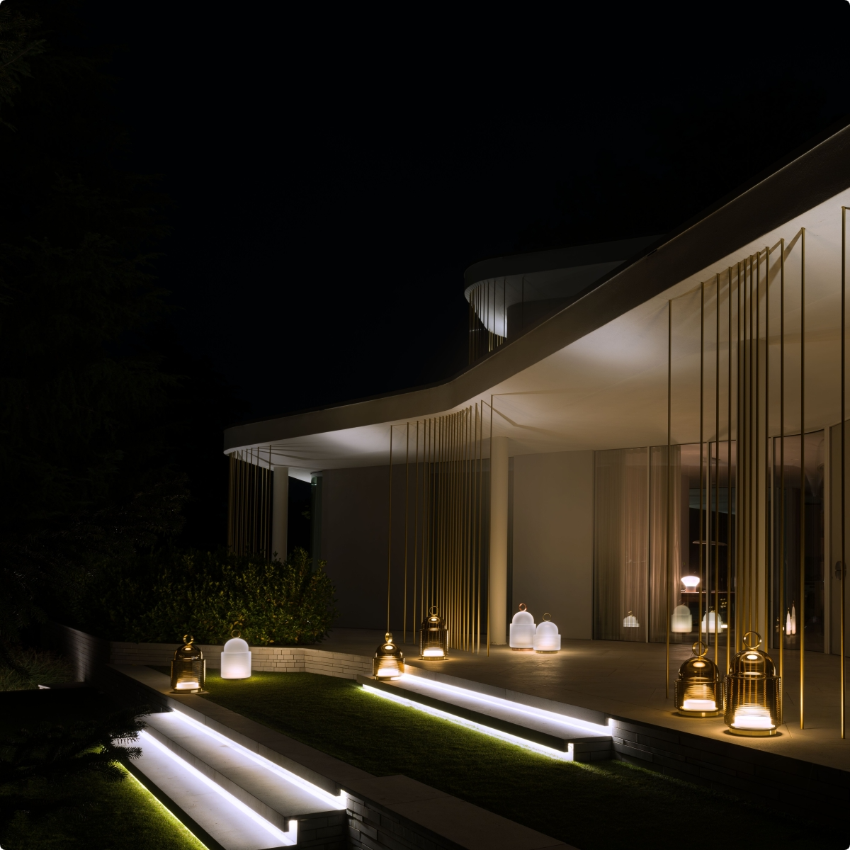 A modern house at night with curved architecture, illuminated steps, and decorative lanterns and lights arranged along the entrance path.
