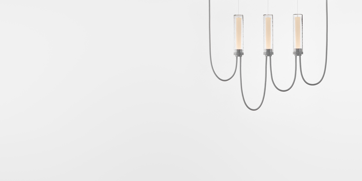 Brokis Arcade III Horizontal Chandelier in transparent with ripples glass and glossy white finish.