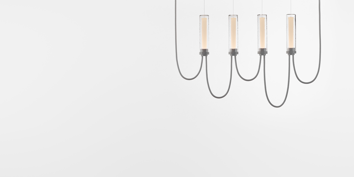 Brokis Arcade IV Horizontal Chandelier in transparent with ripples glass and glossy white finish.