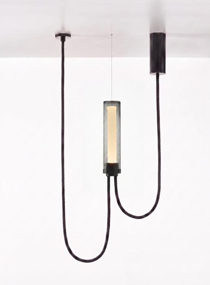 Brokis Arcade I in smoke grey glass with ripples and glossy black finish.