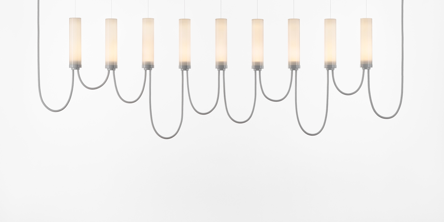 Brokis Arcade IX Horizontal Chandelier in opaline glass and glossy white finish.