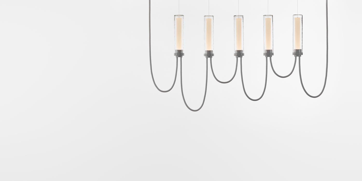Brokis Arcade V Horizontal Chandelier in transparent with ripples glass and glossy white finish.