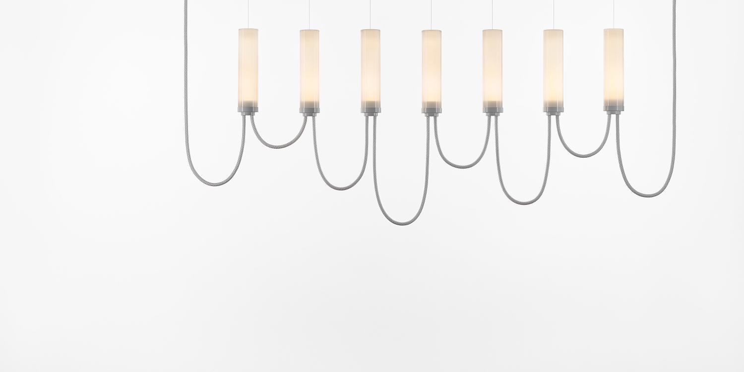Brokis Arcade VII Horizontal Chandelier in opaline glass and glossy white finish.
