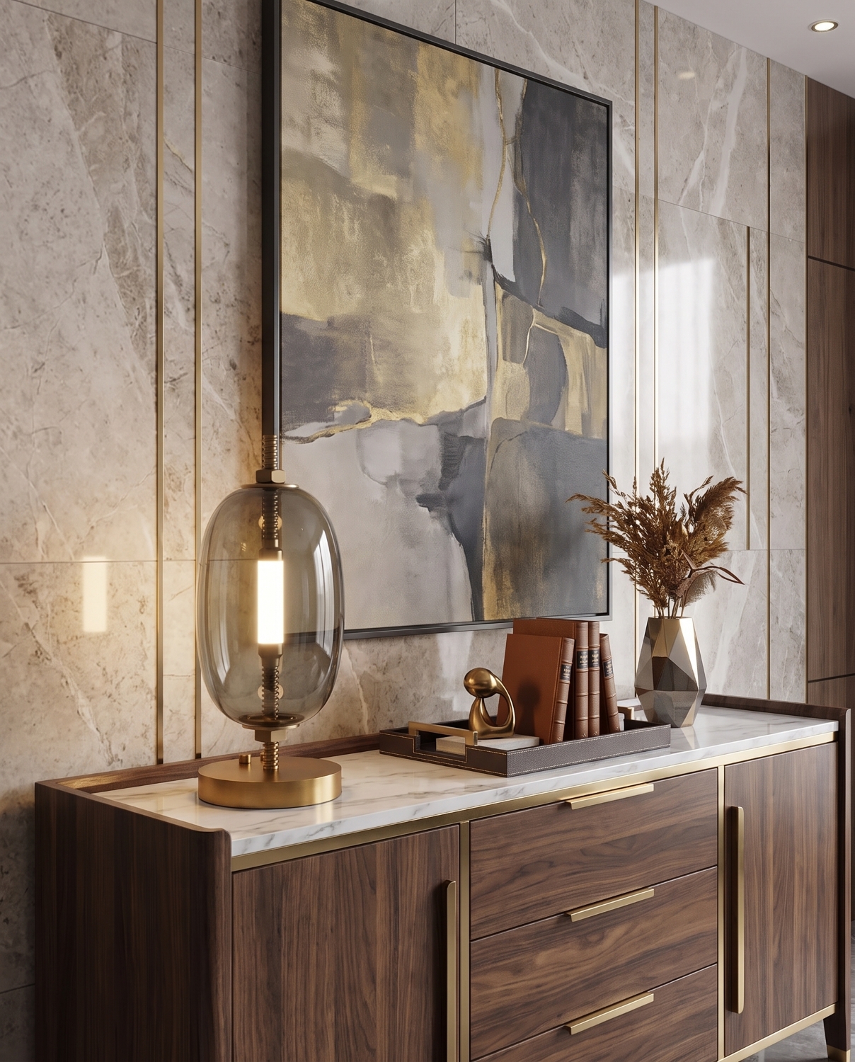 brokis-collections_under-pressure-table-little_smoke-grey-glass-and-champagne-finish-on-a-console-table