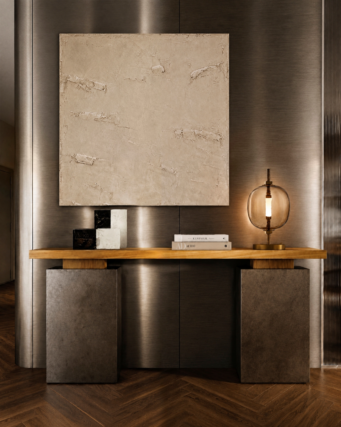 brokis-collections_under-pressure-table-more_smoke-brown-glass-and-champagne-finish-on-a-console-table