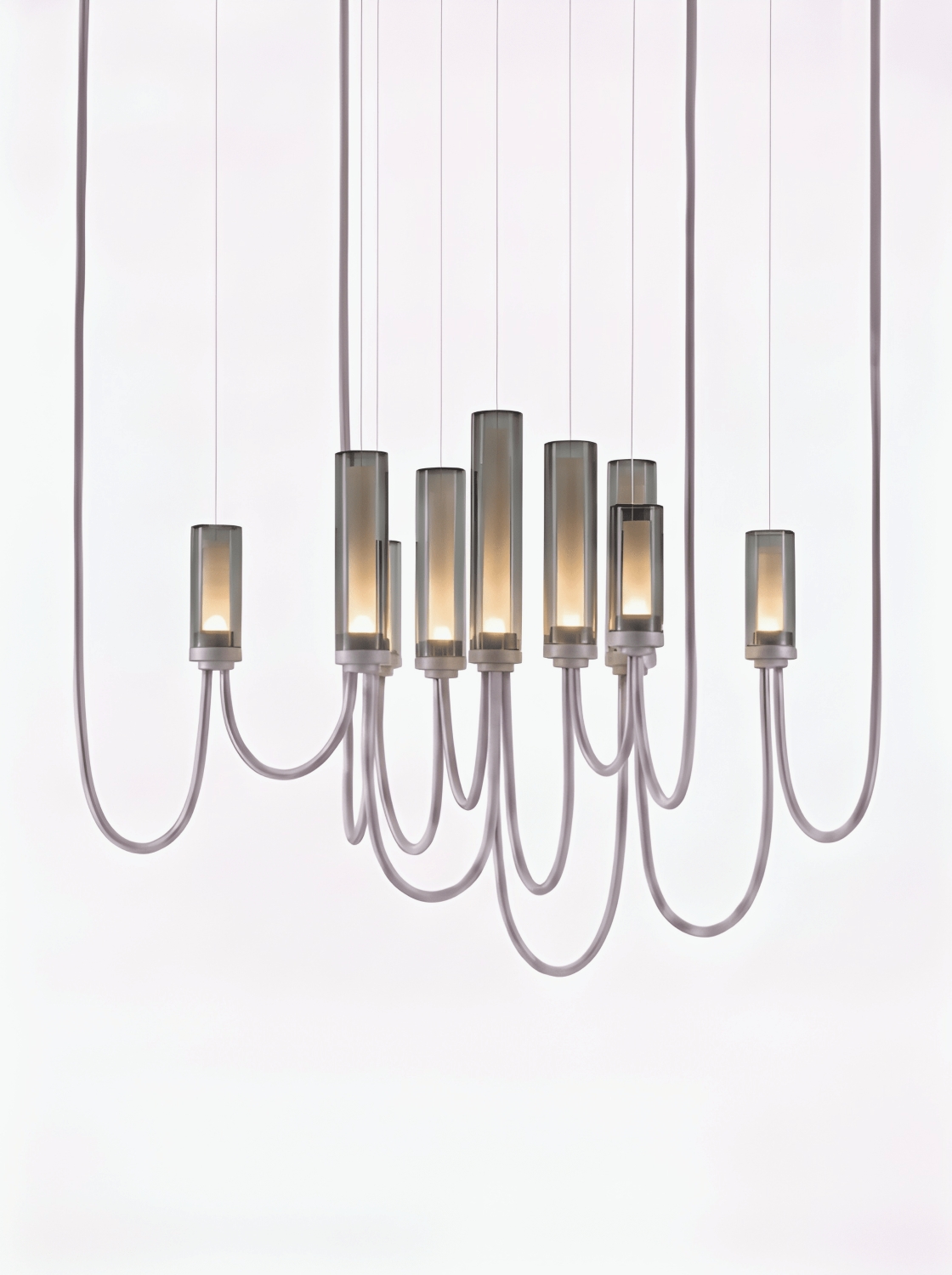 Brokis Arcade Criss-Cross Large IX in smoke grey glass and glossy white finish.