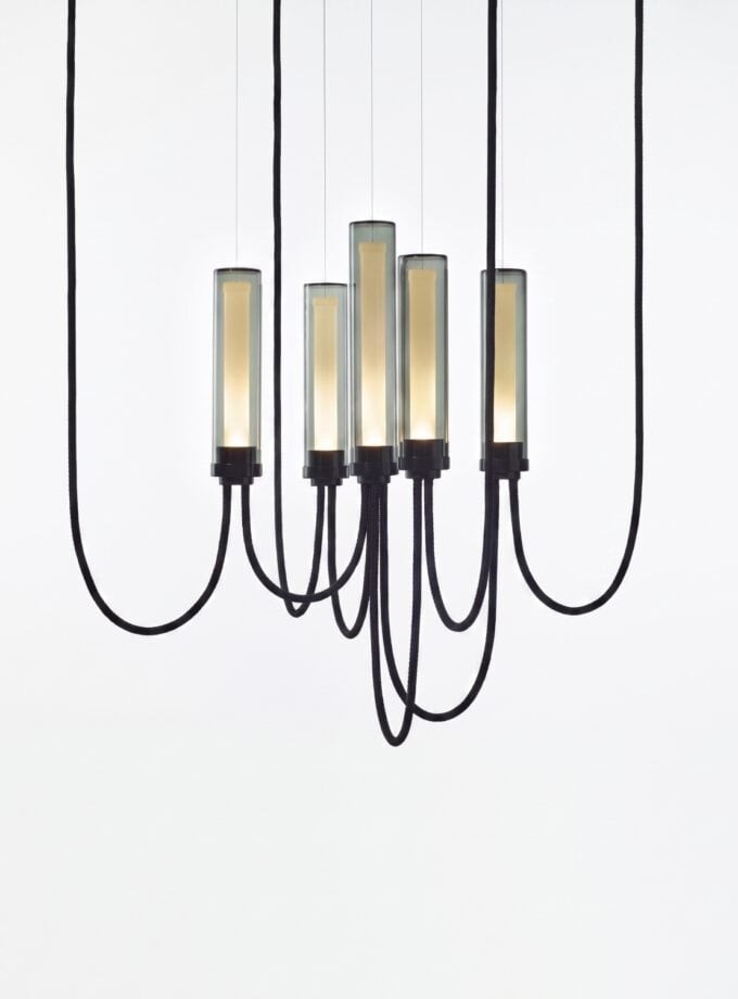 Brokis Arcade Criss-Cross Small V in smoke grey glass and glossy black finish.