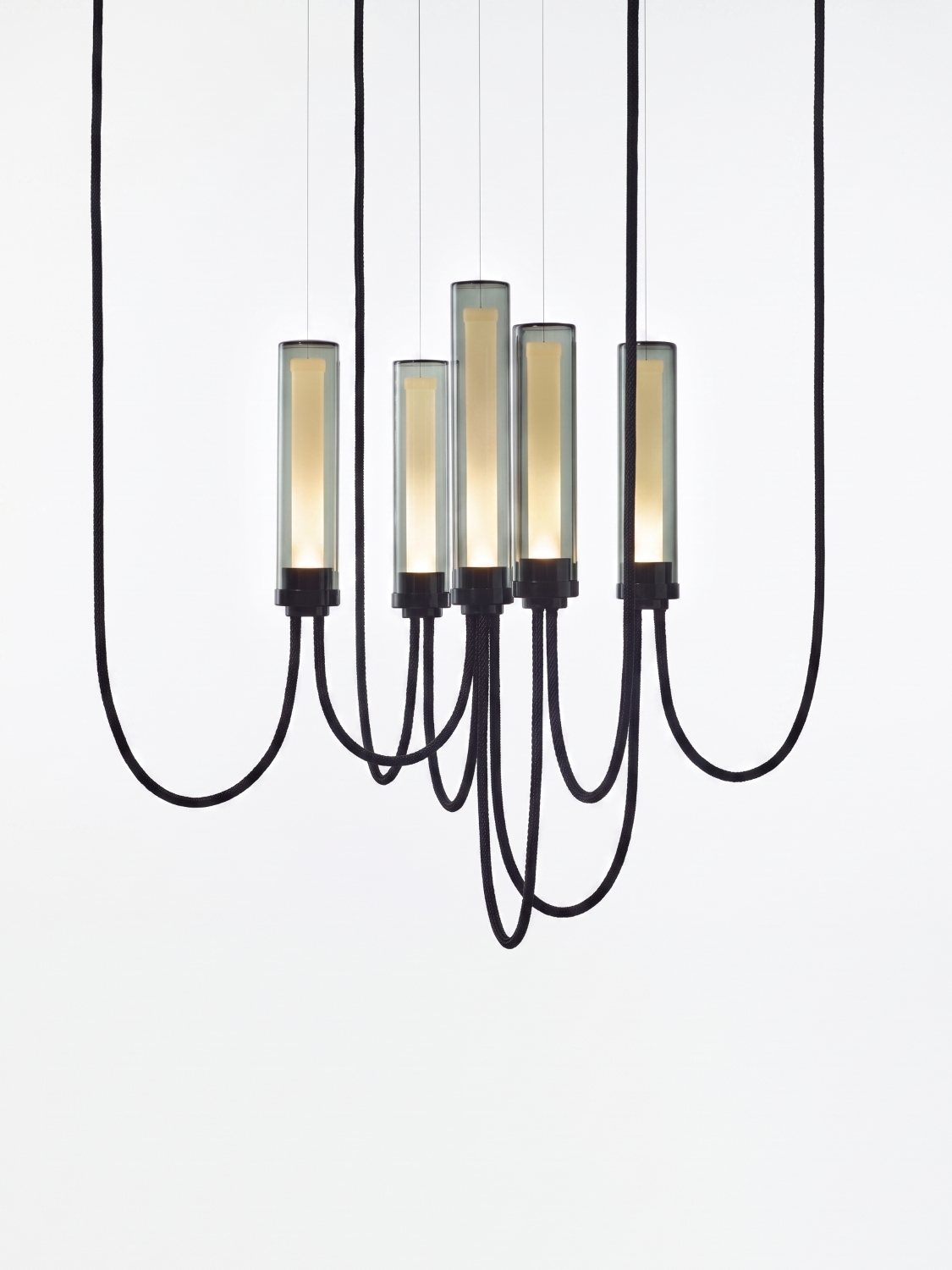 Brokis Arcade Criss-Cross Small V in smoke grey glass and glossy black finish.